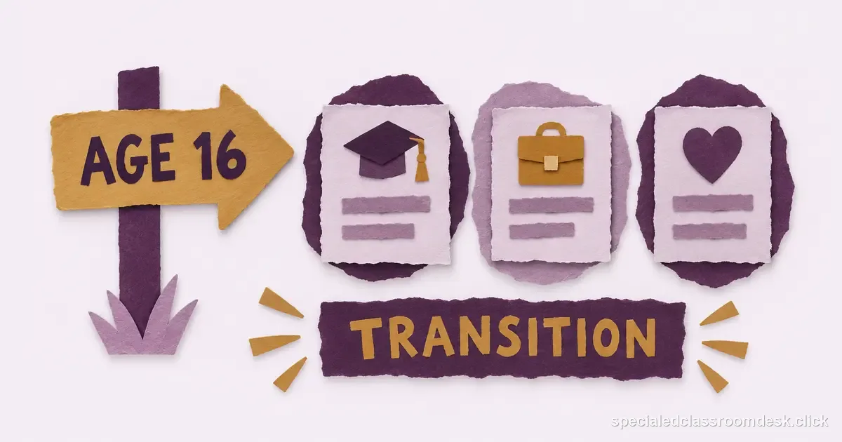 Cut-paper collage illustration for “IDEA Transition Planning by Age 16: Build Postsecondary Goals From Assessments, Not Generic Checklists” — Special Education Classroom Desk