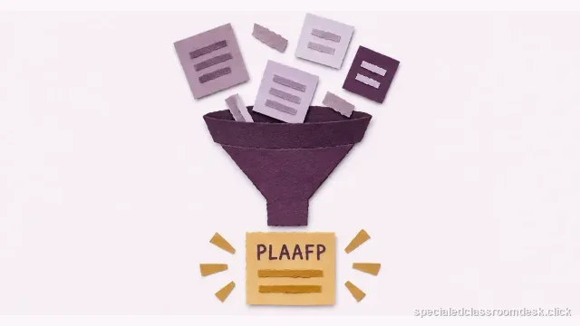 Cut-paper collage illustration for “How to Write a PLAAFP From Data: Turn Scores and Observations Into a Present-Level Paragraph” — Special Education Classroom Desk