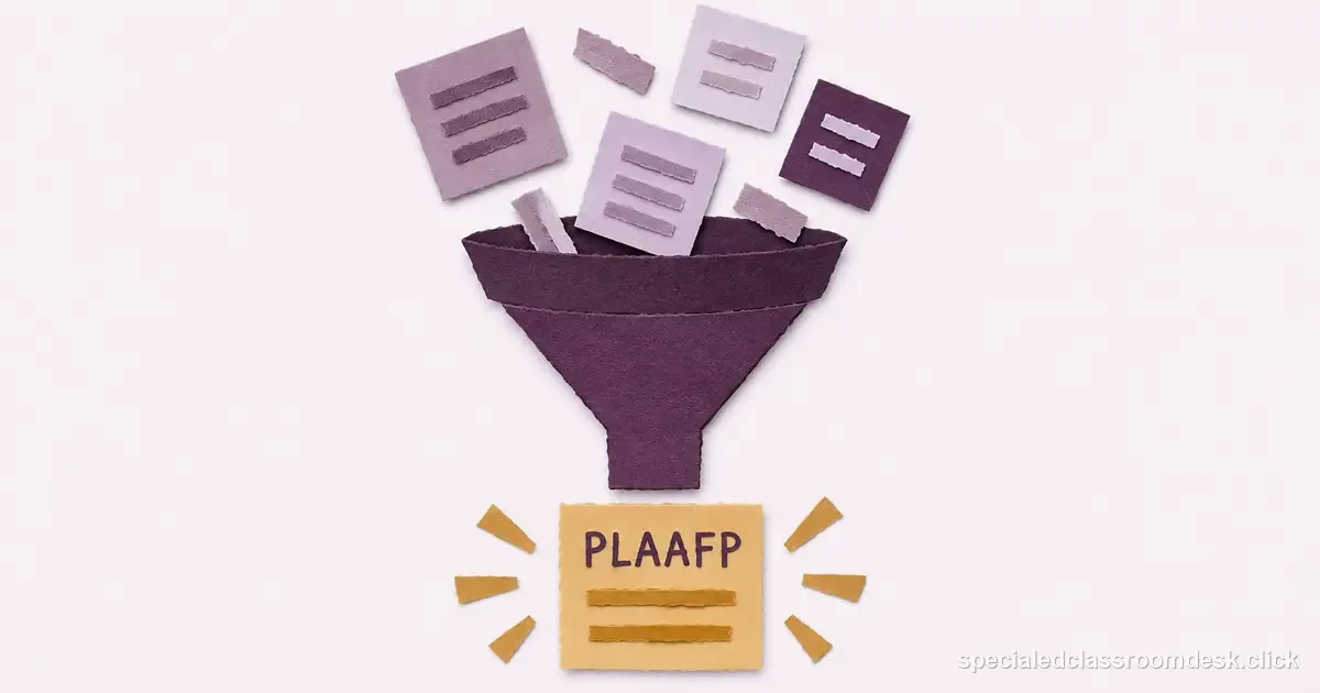 Cut-paper collage illustration for “How to Write a PLAAFP From Data: Turn Scores and Observations Into a Present-Level Paragraph” — Special Education Classroom Desk