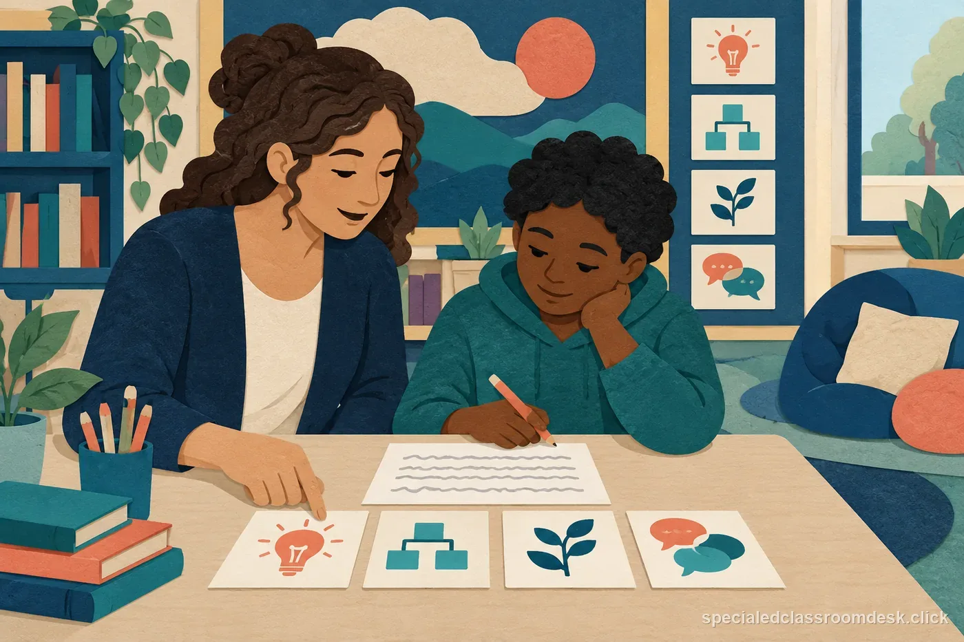 Illustration for Written Expression IEP Goal Example: Score Ideas, Organization, Sentences, and Conventions