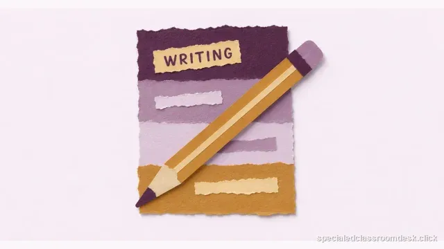 Cut-paper collage illustration for “Written Expression IEP Goal Example: Score Ideas, Organization, Sentences, and Conventions” — Special Education Classroom Desk