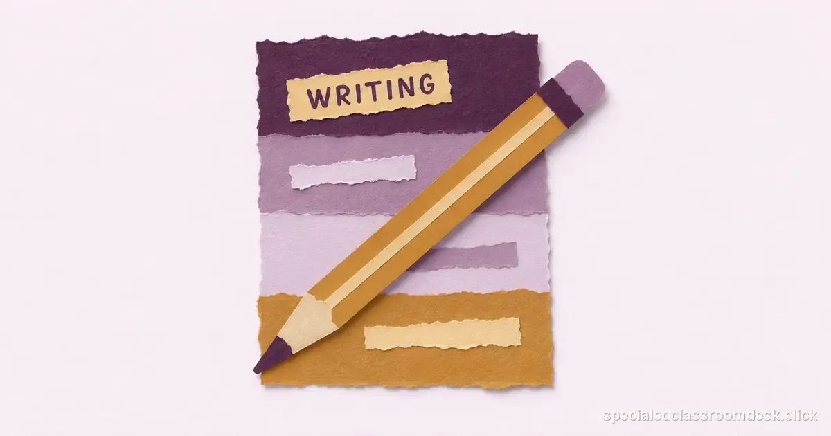 Cut-paper collage illustration for “Written Expression IEP Goal Example: Score Ideas, Organization, Sentences, and Conventions” — Special Education Classroom Desk